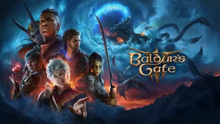 'An epic fantasy landscape featuring characters in intense combat, magical spells, and intricate medieval architecture. The image captures the immersive world of Baldur's Gate 3, showcasing a blend of adventure, danger, and fantastical elements.'"