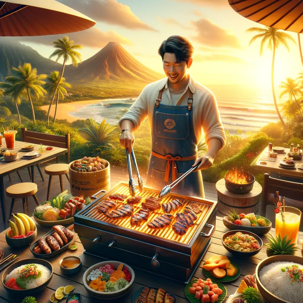 "Delicious array of Volcano Korean BBQ dishes, aromatic smoker woods enhancing flavors, and sweet Hawaiian delights presented on a dining table."