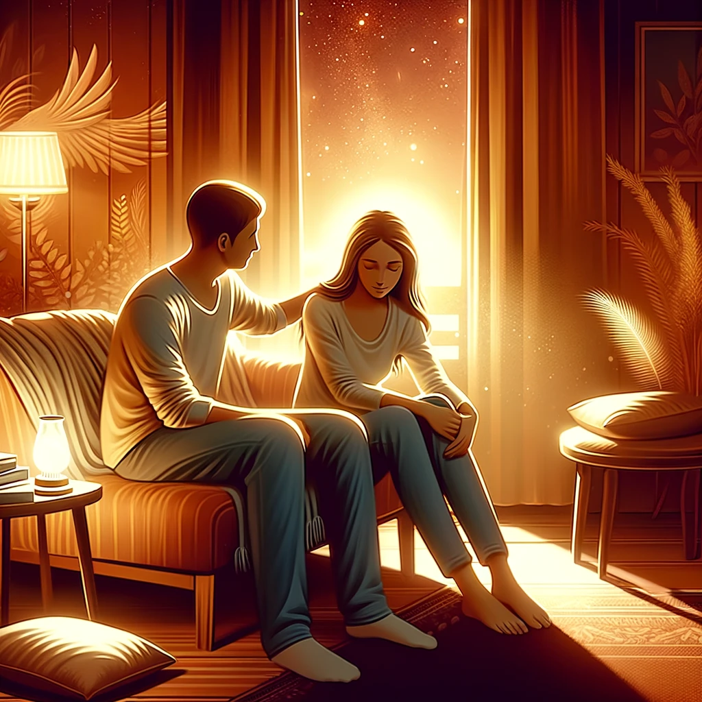 DALL·E 2024 02 06 13.06.41 A serene and warm illustration depicting two individuals in a harmonious and supportive partnership. They are in a cozy inviting environment that rad