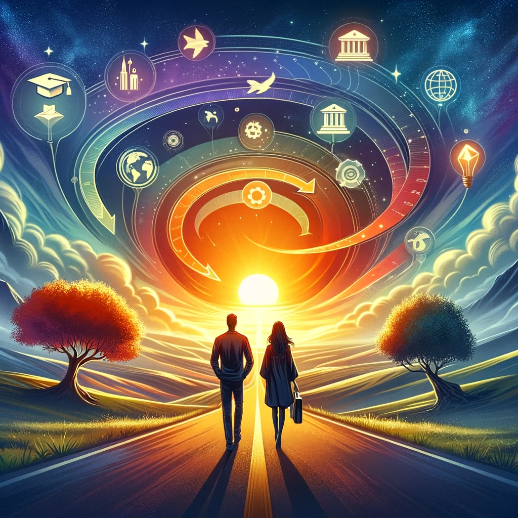 DALL·E 2024 02 06 10.56.26 A visionary illustration showcasing two people standing side by side looking towards a horizon that blends a sunrise and a roadmap. The sunrise symbo