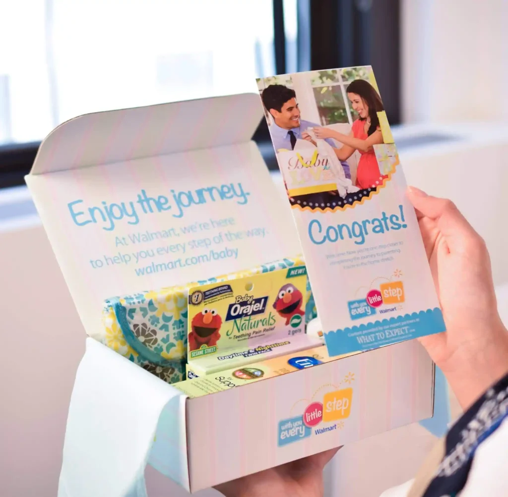 "Walmart Baby Registry Box filled with baby products, displaying convenience and savings for expectant parents."